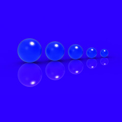 Five glass balls of different sizes of blue color on blue background. Growth of something. Progress. Square image. 3D image. 3D rendering.