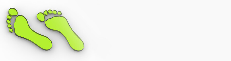 two Yellow Green glass bare footprints. bare footprint close up. Horizontal image. Banner for insertion into site. 3D image. 3D rendering.