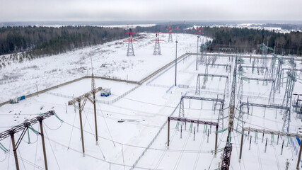 Energy. High voltage wires. Power lines. Electricity. View from above. Electrics. Electric station. Electrical substation.