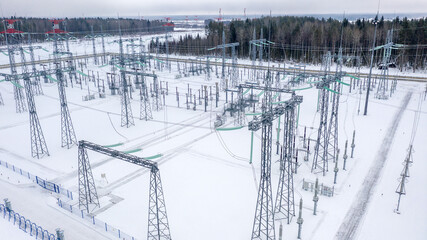 Energy. High voltage wires. Power lines. Electricity. View from above. Electrics. Electric station....