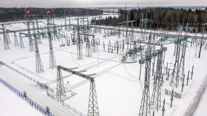 Energy. High voltage wires. Power lines. Electricity. View from above. Electrics. Electric station....