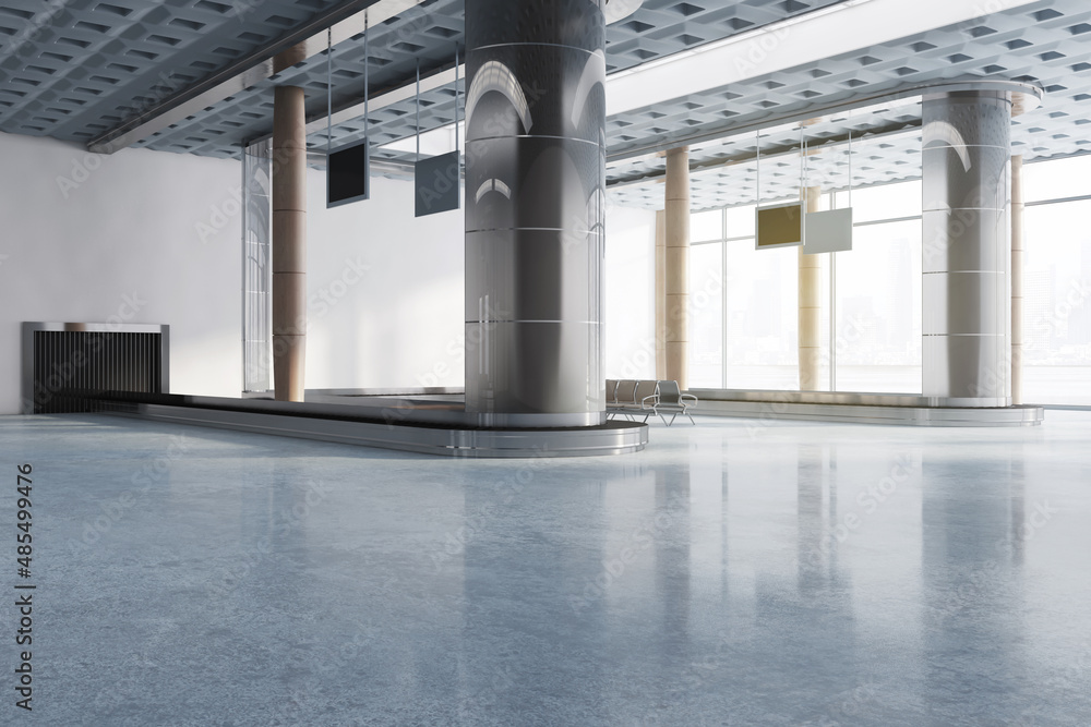 Poster clean airport waiting area concrete hallway interior with windows and city view, seats and columns. 