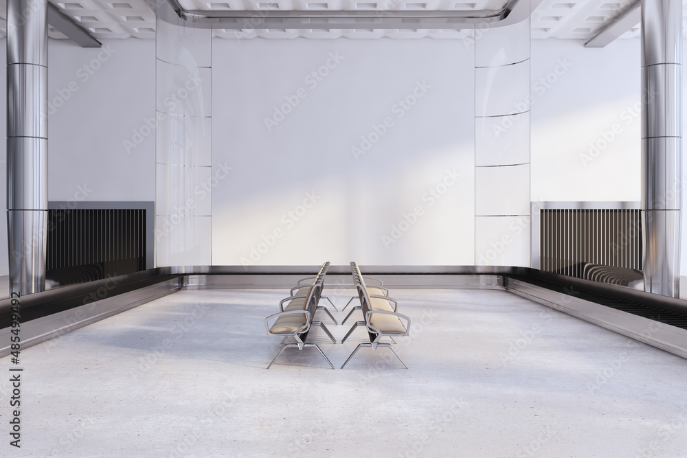 Poster modern airport waiting area concrete hallway interior with seats and columns. 3d rendering.