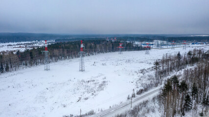 Energy. High voltage wires. Power lines. Electricity. View from above. Electrics. Electric station. Electrical substation.