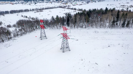Energy. High voltage wires. Power lines. Electricity. View from above. Electrics. Electric station. Electrical substation.