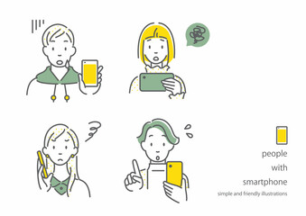 スマホに不満な若い女性と男性　シンプルでお洒落な線画イラスト
