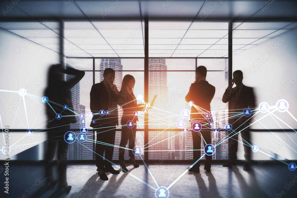 Aufkleber businesspeople working together in modern office with abstract glowing polygonal network with people