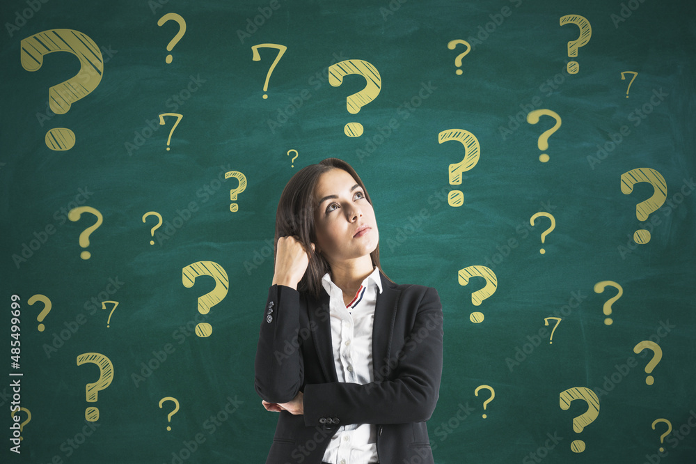 Poster portrait of attractive thoughtful young european female on chalkboard wall background with question 