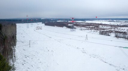 Energy. High voltage wires. Power lines. Electricity. View from above. Electrics. Electric station....