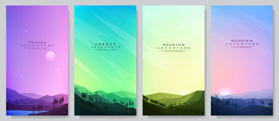Vector illustration. Flat background collection. Minimalist style. Mountain view, forest trees. Geometric polygonal concept. Design for flyer, leaflet, coupon, voucher, wallpapers. Cloudy sky. Woods