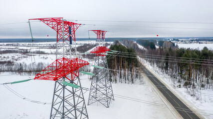 Energy. High voltage wires. Power lines. Electricity. View from above. Electrics. Electric station....