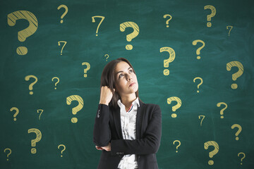 Portrait of attractive thoughtful young european female on chalkboard wall background with question...