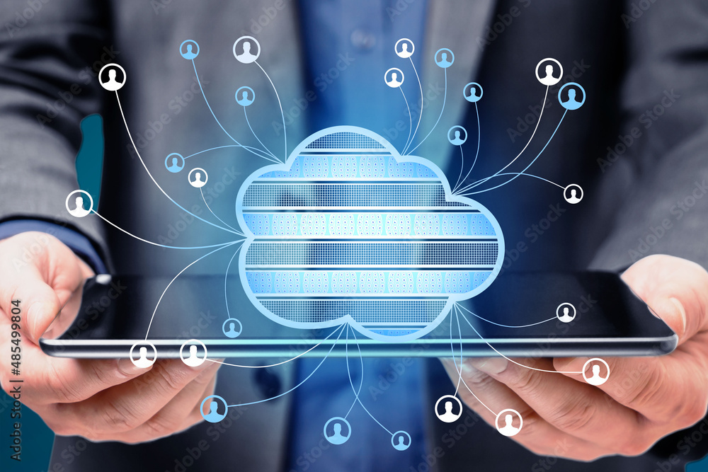 Aufkleber close up of businessman hands holding tablet with abstract cloud computing hologram on blurry blue b