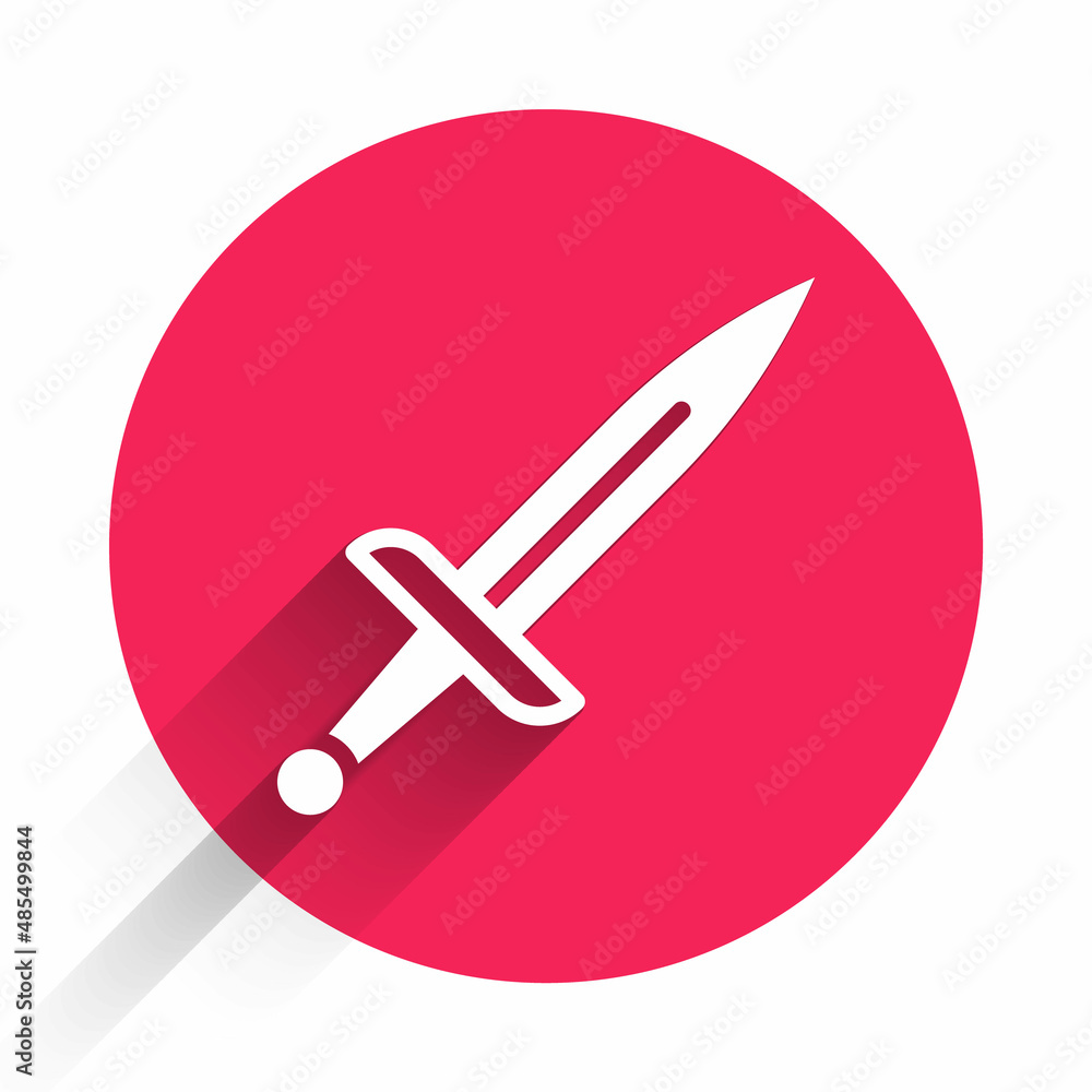 Poster white dagger icon isolated with long shadow. knife icon. sword with sharp blade. red circle button. 