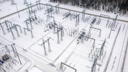 Energy. High voltage wires. Power lines. Electricity. View from above. Electrics. Electric station....
