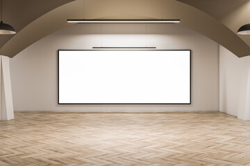 Modern exhibition hall interior with concrete wall and wooden flooring, blank mock up frame. Gallery concept. 3D Rendering.