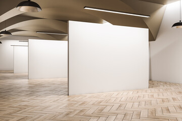 Luxury exhibition hall interior with concrete wall and wooden flooring, blank mock up place. Gallery concept. 3D Rendering.