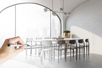 Hand drawn sketch of modern cozy brick and concrete living room interior with window with city view, chairs and table. Design concept.