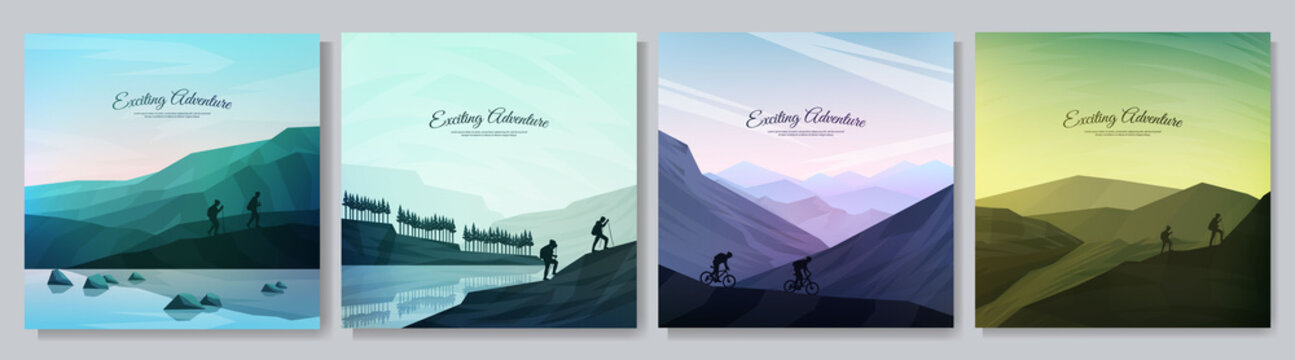 Vector illustration. Travel concept of discovering, exploring and observing nature. Hikers couple, cyclists, climbing on cliff. Adventure tourism. Flat design template for web or social media banner