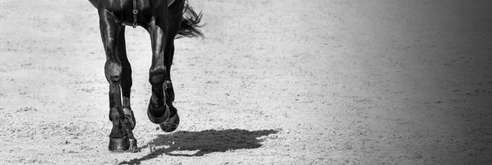 Horse in jumping show, equestrian sports, black and white.