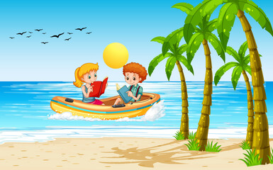 Beach scenery with children in inflatable boat