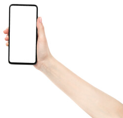 Female hand holding the black new smartphone with blank screen isolated white background. hands using phone clipping path. blank for designer