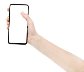 Female hand holding the black new smartphone with blank screen isolated white background. hands using phone clipping path. blank for designer