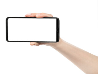 Female hand holding the black new smartphone with blank screen isolated white background. hands using phone clipping path. blank for designer