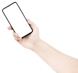 Male hand holding the black new smartphone with blank screen isolated white background. Man hands using phone clipping path. blank for designer