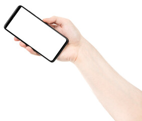 Male hand holding the black new smartphone with blank screen isolated white background. Man hands using phone clipping path. blank for designer