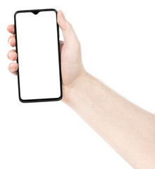 Male hand holding the black new smartphone with blank screen isolated white background. Man hands using phone clipping path. blank for designer