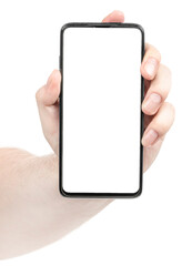Male hand holding the black new smartphone with blank screen isolated white background. Man hands using phone clipping path. blank for designer