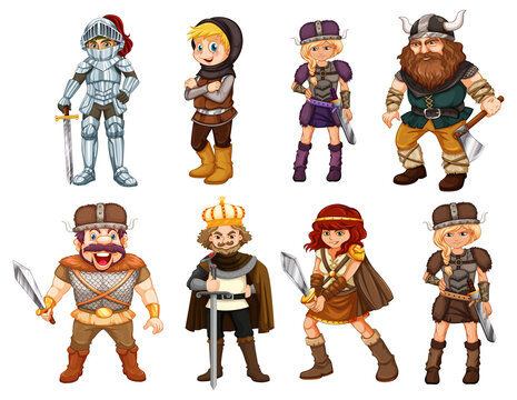 Set of viking cartoon characters and objects