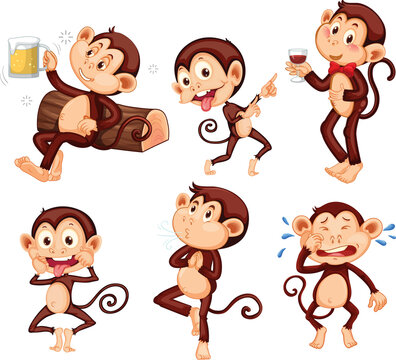Set of funny monkeys doing different activities
