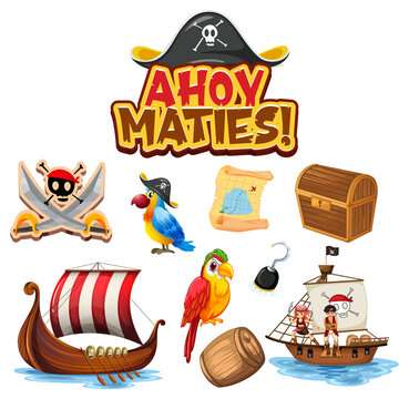 Set of pirate cartoon characters and objects