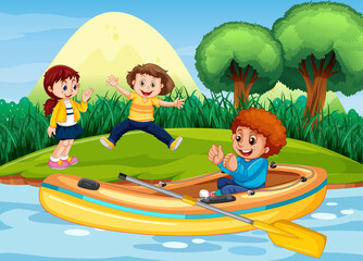 Nature scenery with a boy in inflatable boat
