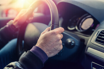 hands of a strong man holding dollar bills in the car.