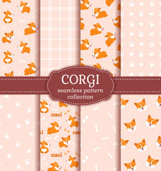 Corgi seamless pattern collection with cute welsh corgi puppies, as well as abstract backgrounds. Vector collection with funny dog characters.