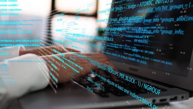 Programmer keyboard typing, writing computer AI code programming.