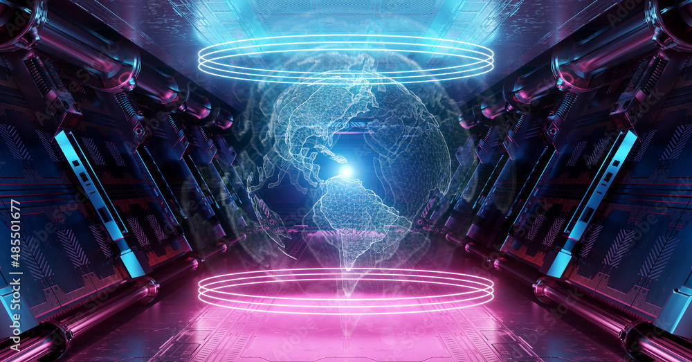 Leinwandbilder blue and pink spaceship interior with glowing world map. futuristic corridor in space station with p