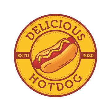 Delicious hot dog logo template with illustration of hot dog image