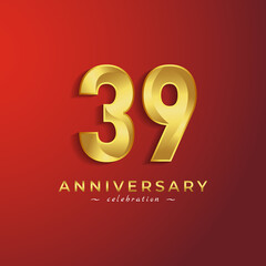 39 Year Anniversary Celebration with Golden Shiny Color for Celebration Event, Wedding, Greeting card, and Invitation Card Isolated on Red Background