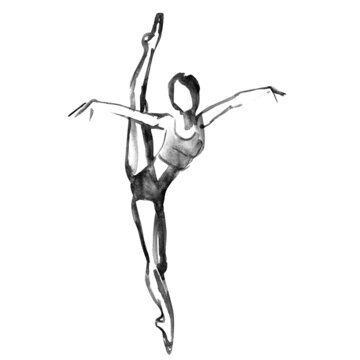 Ballerina in dance. Ink dancer. Watercolor black on white background.