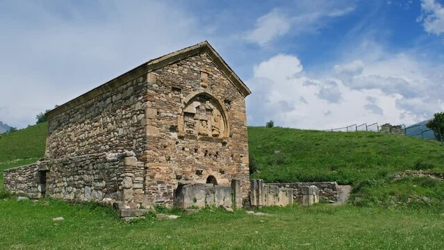 Panorama view of Tkhaba Yerdy medieval temple in Ingushetia, Russia, Northern Caucasus, 4k