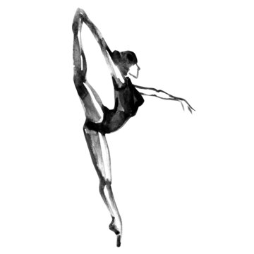 Ballerina in dance. Ink dancer. Watercolor black on white background.