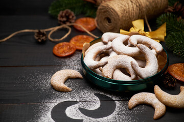 Round Gift box full of Traditional German or Austrian Vanillekipferl vanilla kipferl cookies