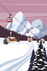 Vintage Mountain winter resort village Alps, Switzerland. Snow landscape peaks, slopes with red gondola lift. Travel retro poster, vector illustration