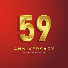 59 Year Anniversary Celebration with Golden Shiny Color for Celebration Event, Wedding, Greeting card, and Invitation Card Isolated on Red Background