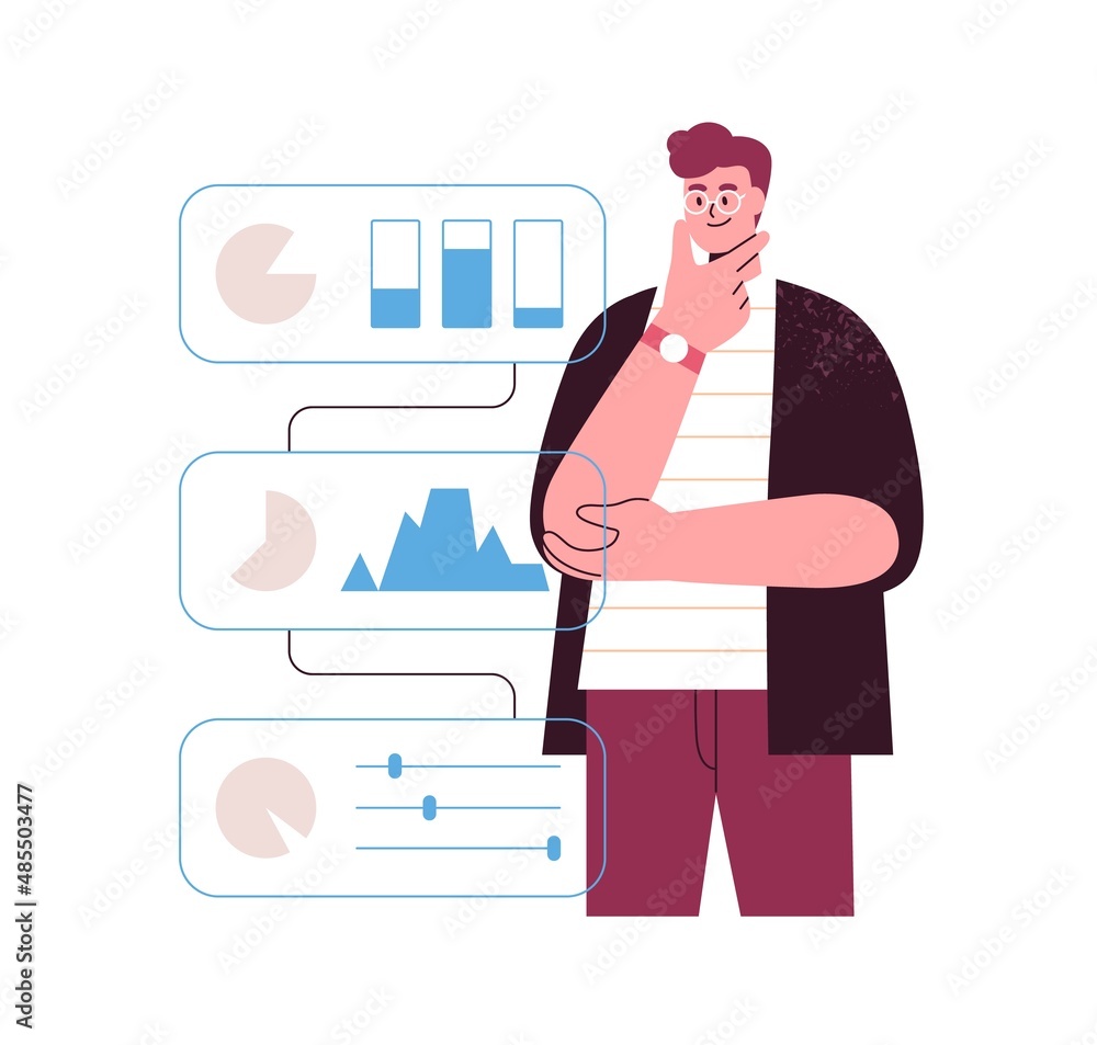 Poster Business analyst analyzing data graphs. Analysis and logic thinking concept. Businessman with project analytics, information in charts. Flat vector illustration isolated on white background