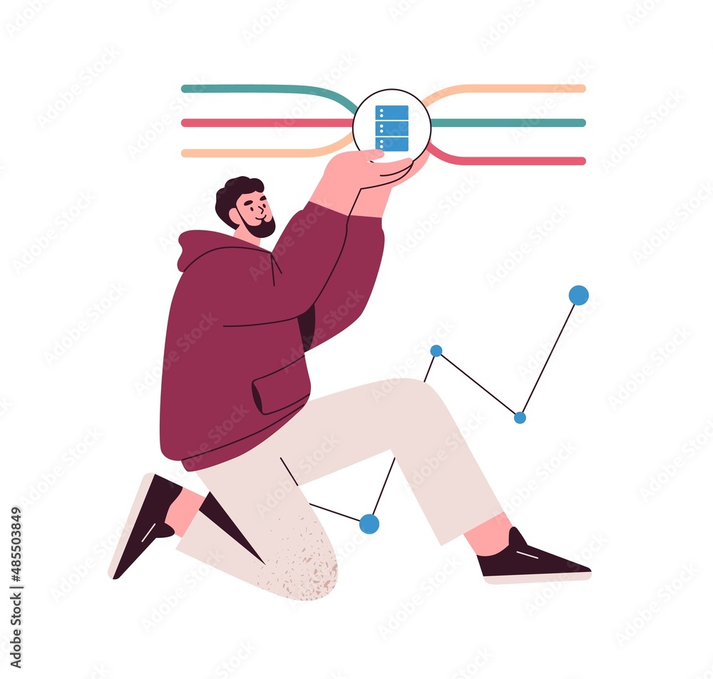 Poster Logic and ordered structure concept. Person analyzing data. Smart man with rational analytical thinking. Theory knowledge and understanding. Flat vector illustration isolated on white background